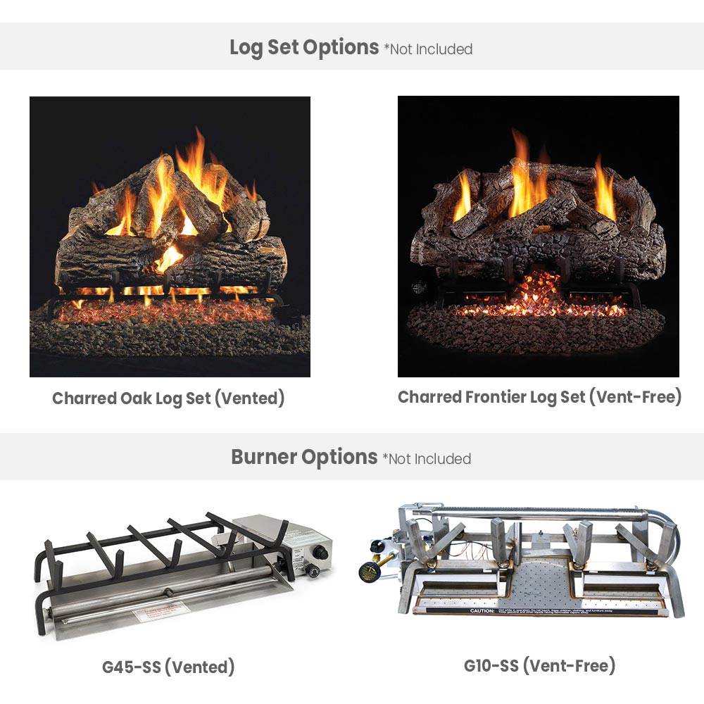 Fireplace log set options photos and burner options layout with black logs and flames