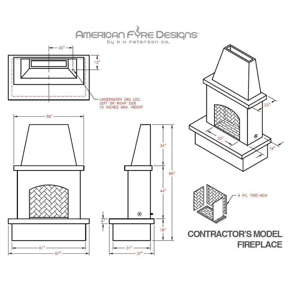 Contractor model fireplace dimension diagram with front, side, and perspective line views
