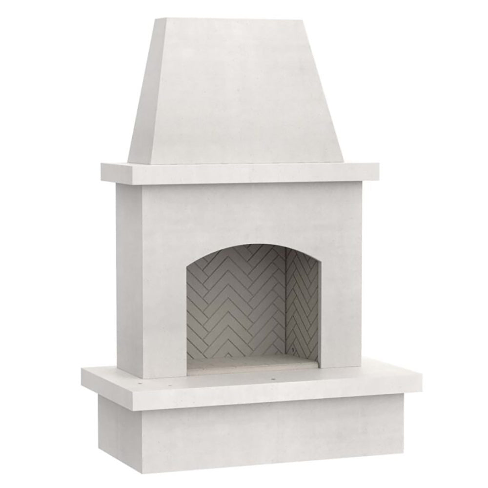 Outdoor gas fireplace with empty gray firebox and herringbone log area, light gray surround