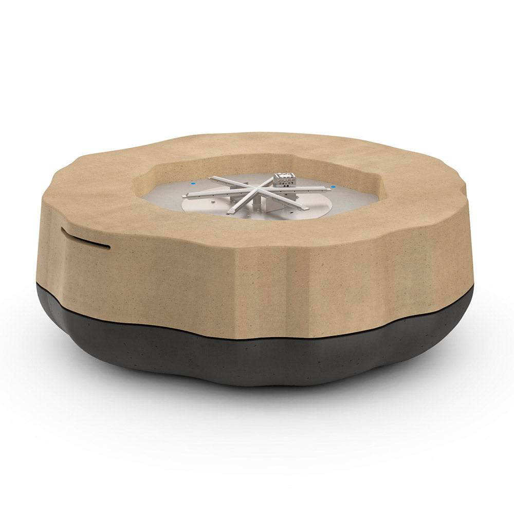 Round GFRC chat height fire table with beige top and dark base, central gas burner