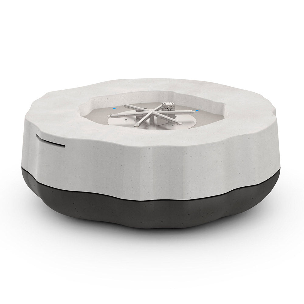 Round GFRC chat height fire table with white top and dark base, central gas burner
