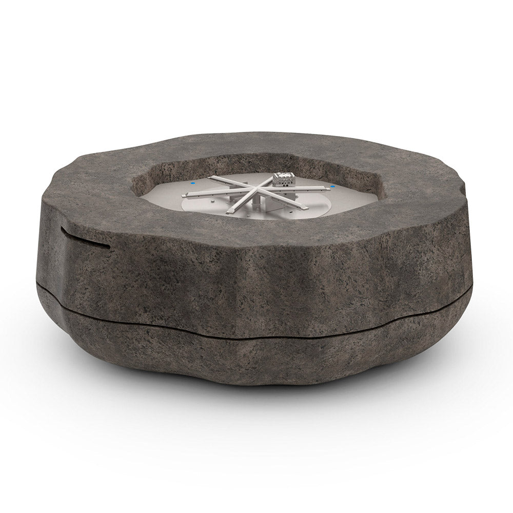 Round GFRC chat height fire table with dark gray top and dark base, central gas burner