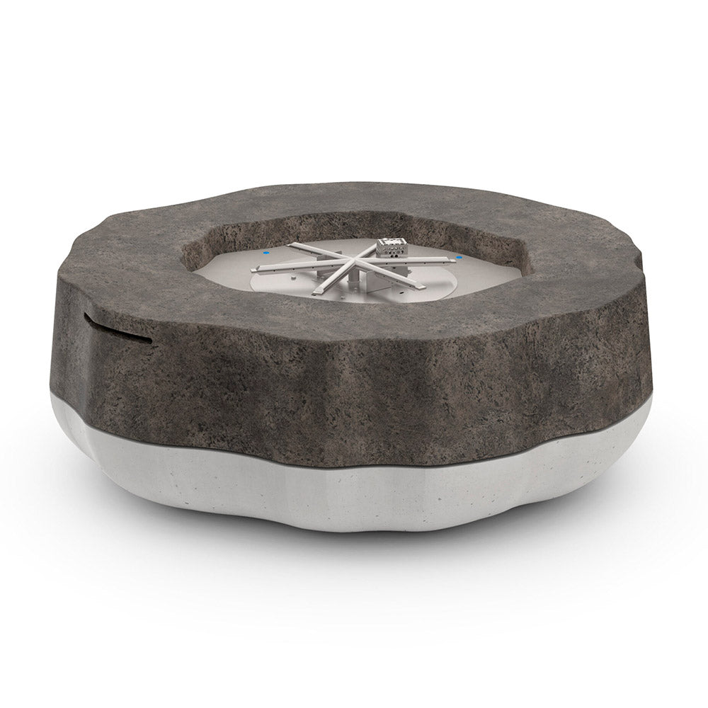 Round GFRC chat height fire table with dark gray top and light base, central gas burner