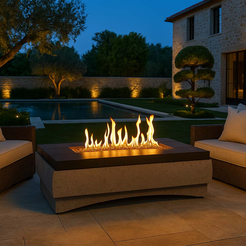 American Fyre Designs River 70.5-Inch Rectangle GFRC Chat Height Fire Table