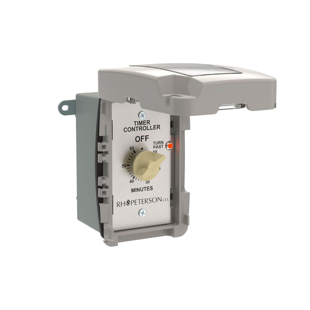 Timer wall controller switch, gray housing with dial and ON/OFF settings, cover open