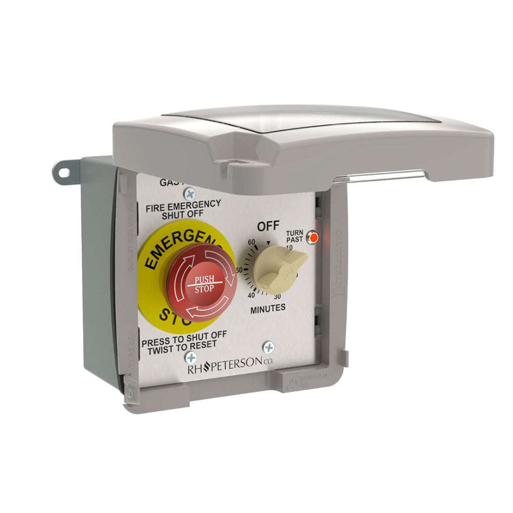 Commercial wall control with emergency stop switch and electric timer dial, gray