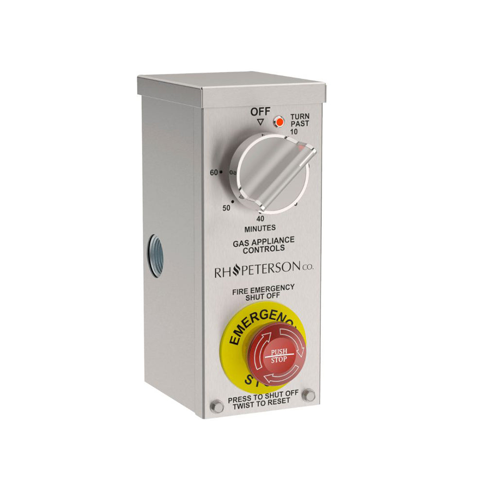 Gas emergency stop wall control with shutoff timer and red push-stop button on gray box