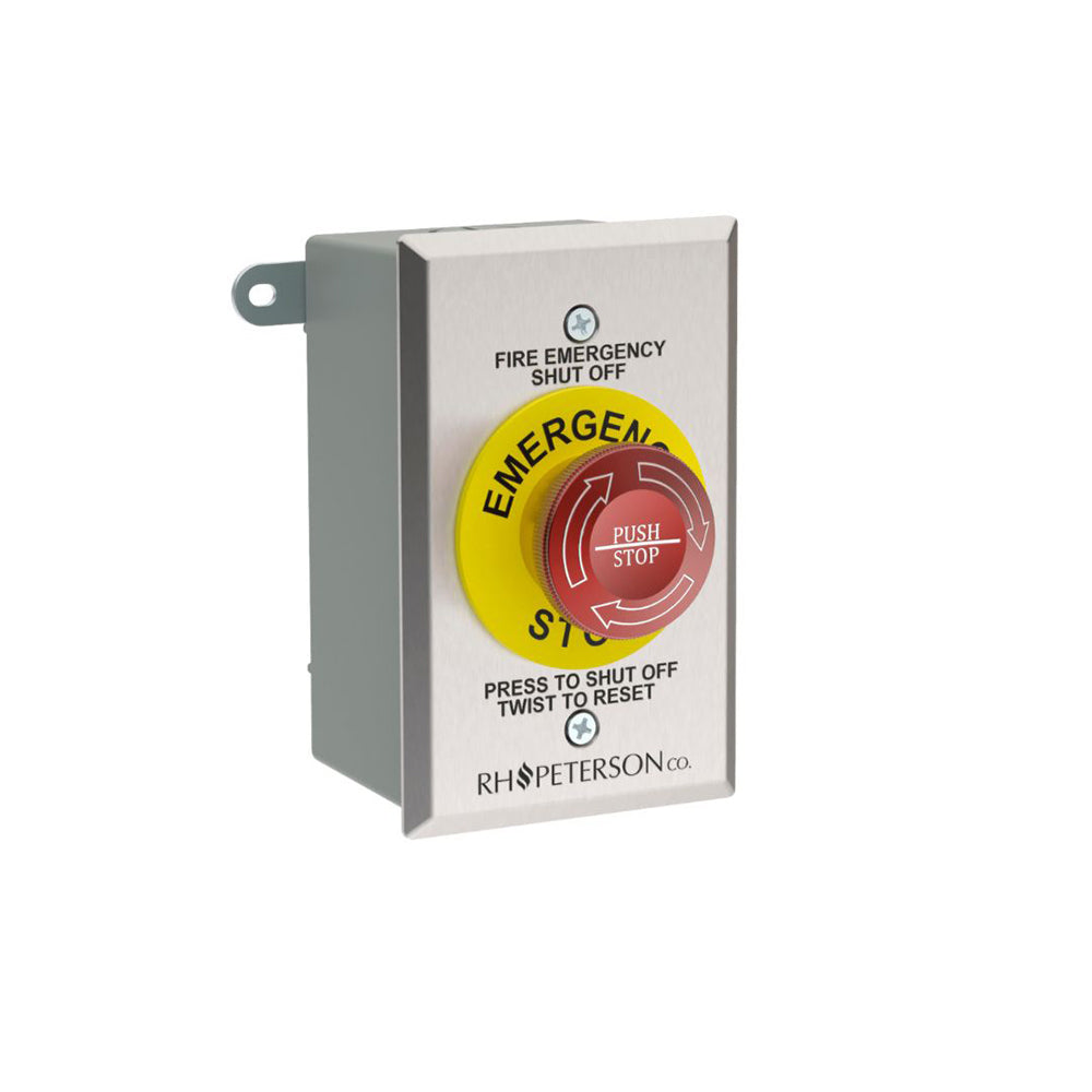 Grey emergency stop wall control with red push-stop button and Fire Emergency Shut Off label