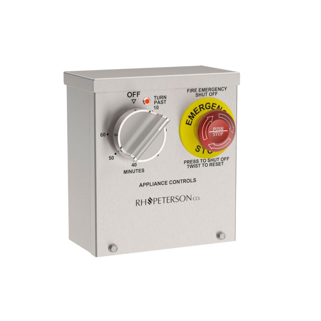American Fyre Designs emergency stop and timer wall control panel with rotary dial
