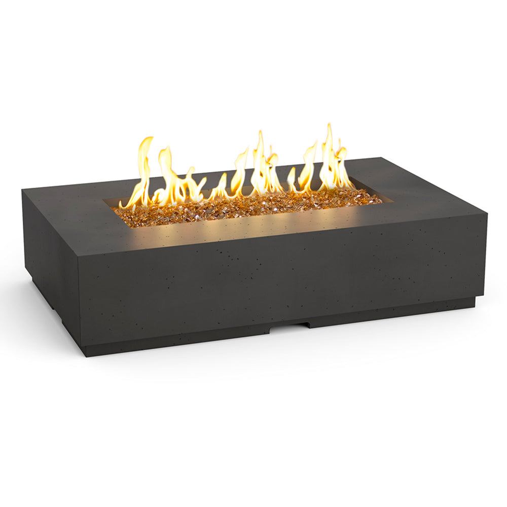 Rectangular GFRC gas fire table with glass firebed and bright yellow flames, black finish