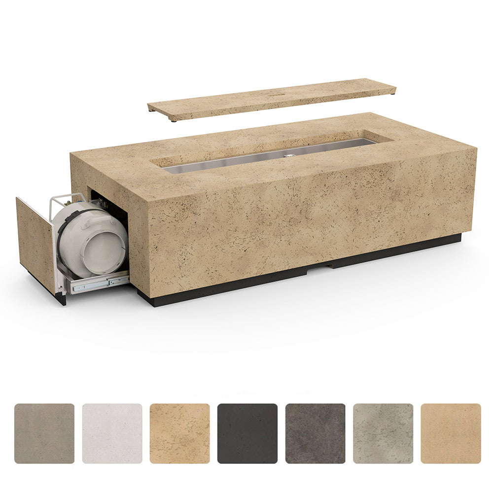 Tan GFRC rectangular gas fire pit table with open burner and propane control housing