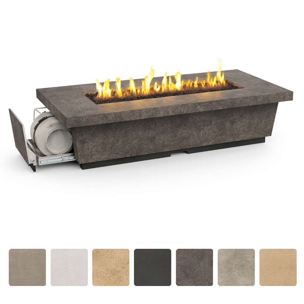 Rectangular outdoor gas fire table with dark gray GFRC base and visible flames