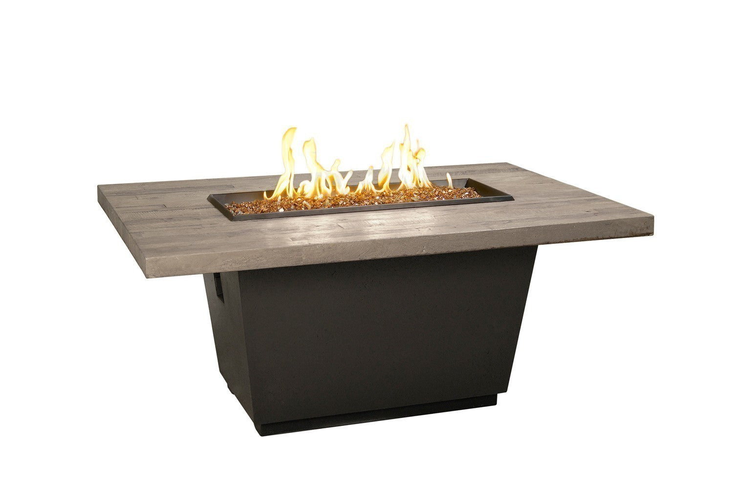 Reclaimed wood and black fire table with rectangular burner opening, flames visible