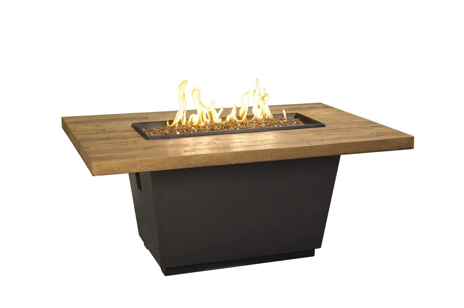 Reclaimed wood and black fire table with rectangular burner, flames in center