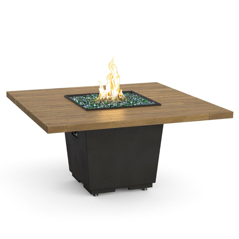Square reclaimed wood fire table with burning flame in black fire pit insert