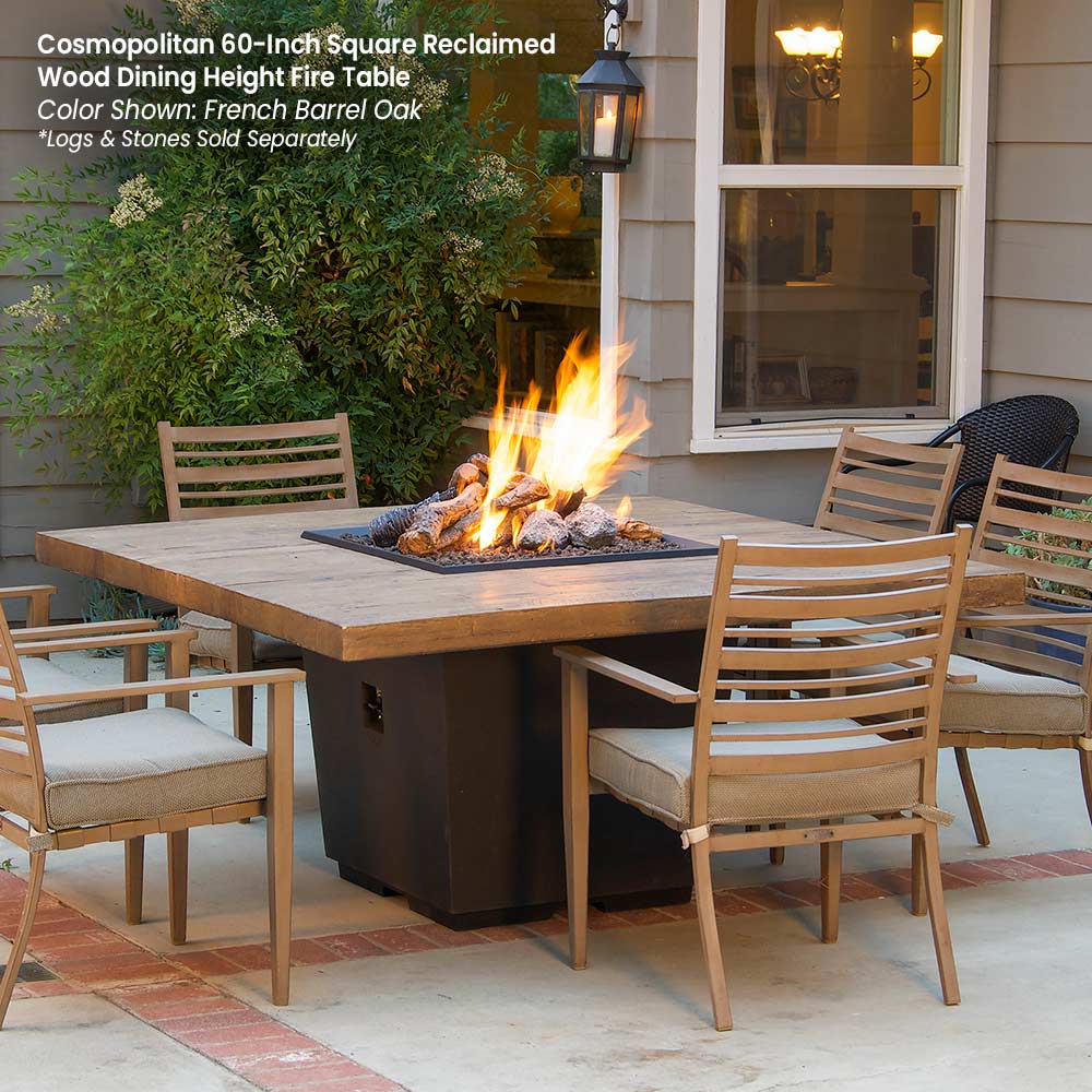 Outdoor square fire table with light-brown reclaimed wood top and black base, flames on