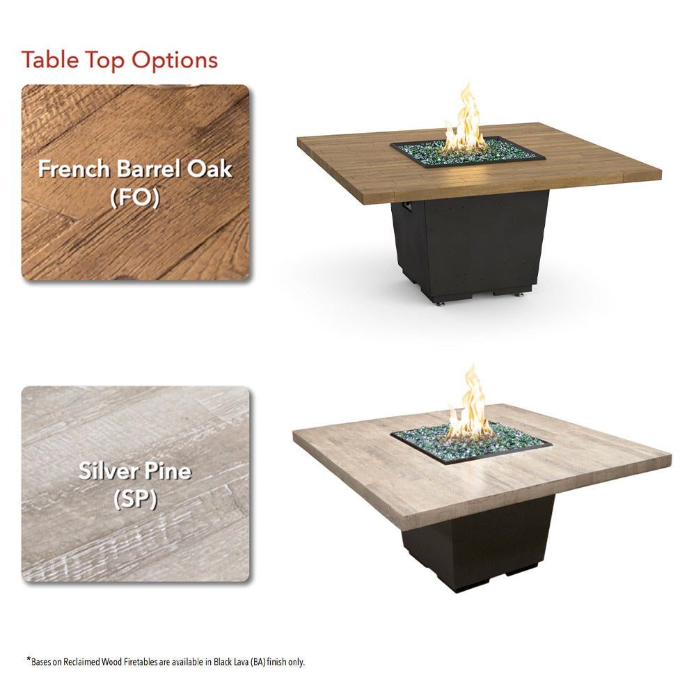 Square reclaimed wood fire table shown with French barrel oak and silver pine finishes