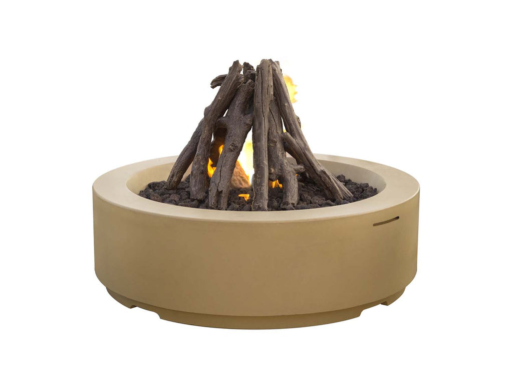 Beige round fire pit with burning logs and glowing embers, round bowl