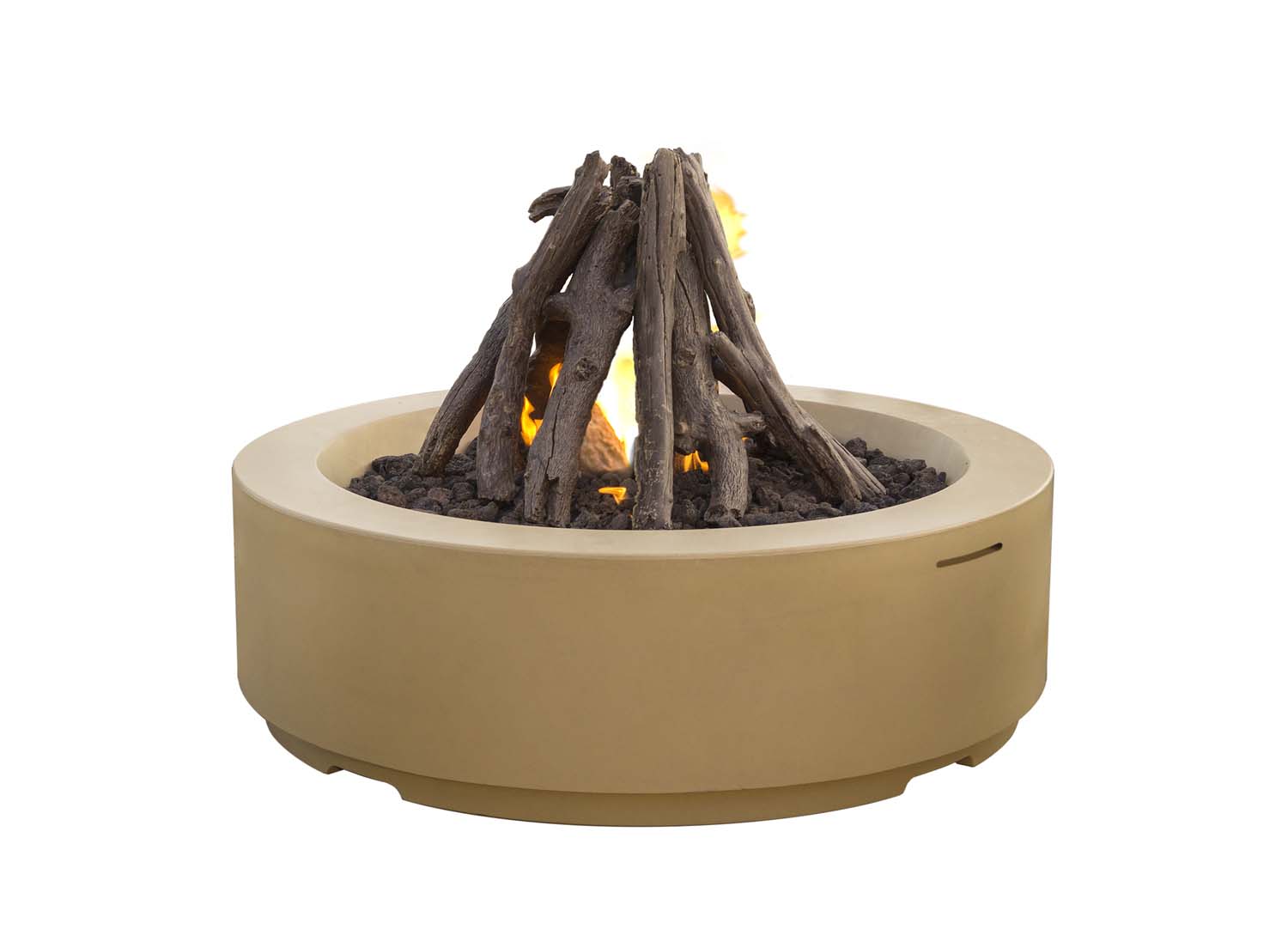 Beige round fire pit with burning logs and glowing embers, round bowl