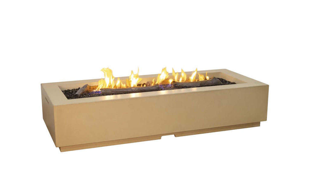 Rectangular GFRC gas fire pit with flames in black fire bed, tan surround