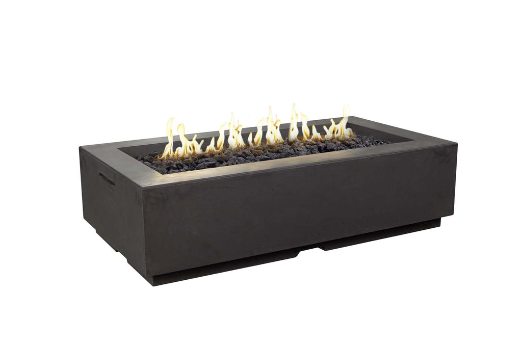 Rectangular fire pit with dark metal base and open center, flames visible inside