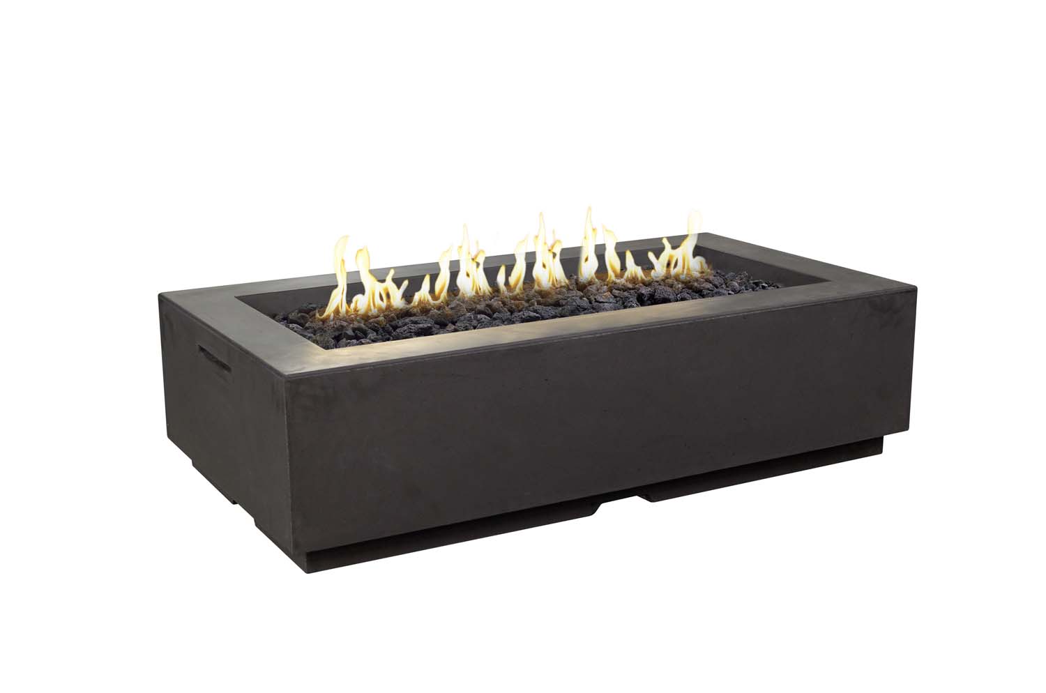 Rectangular fire pit with dark metal base and open center, flames visible inside