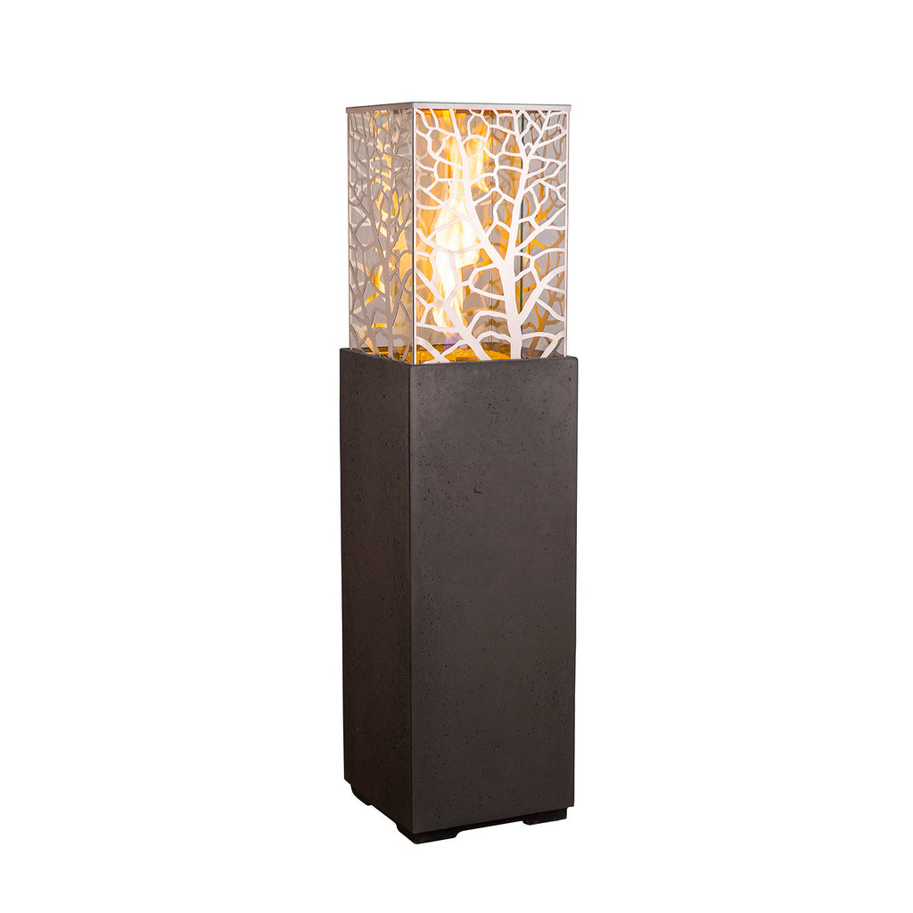 Square GFRC gas fire tower with mosaic glass lantern panel and dark base.