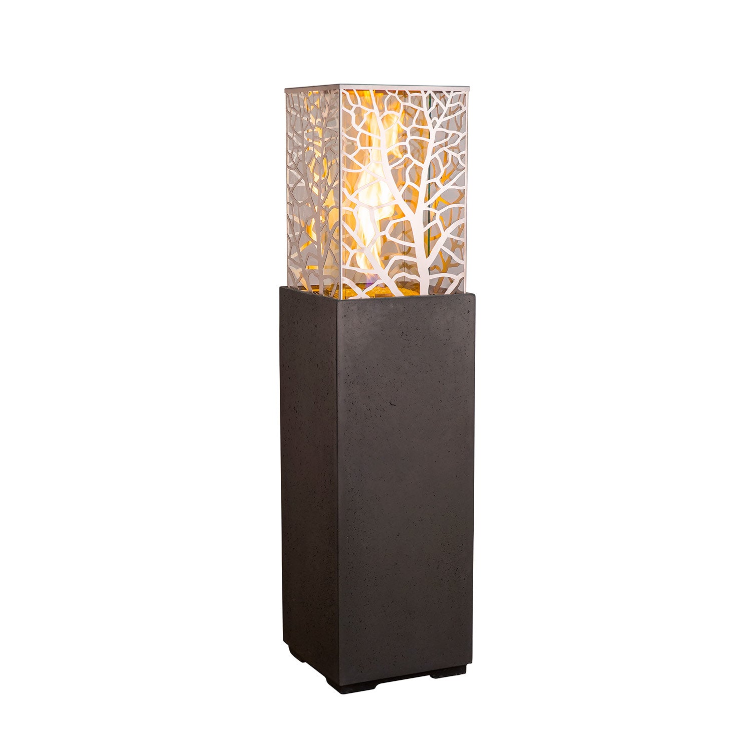 Square GFRC gas fire tower with mosaic glass lantern panel and dark base.