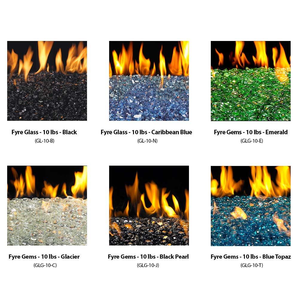 Fyre glass and gem fire media color options shown with flames over colored material.