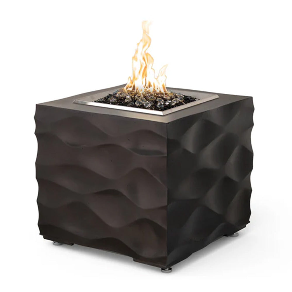 Square fire pit with black textured sides, open top with fire burning inside