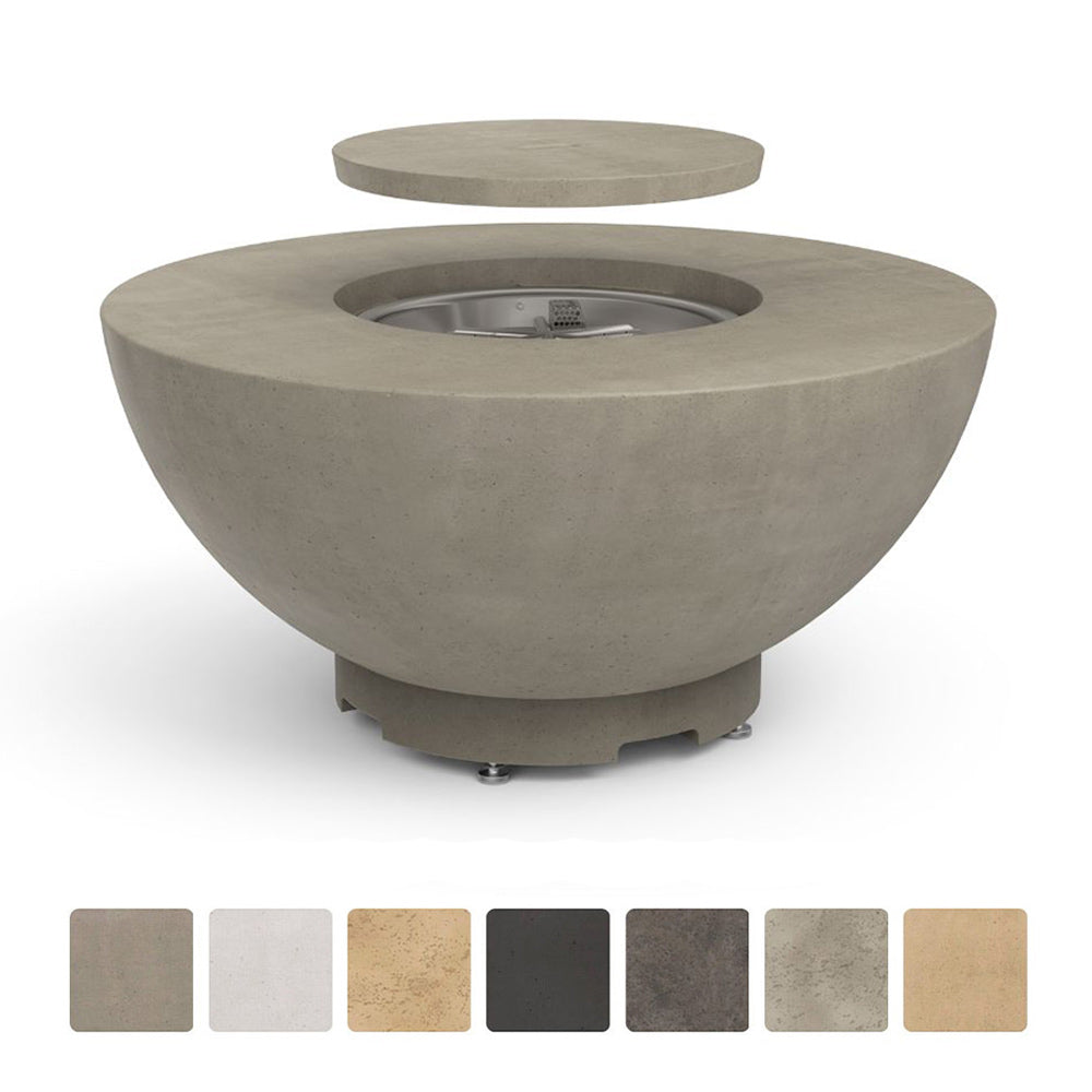 Round GFRC gas fire bowl in light stone finish with circular burner opening