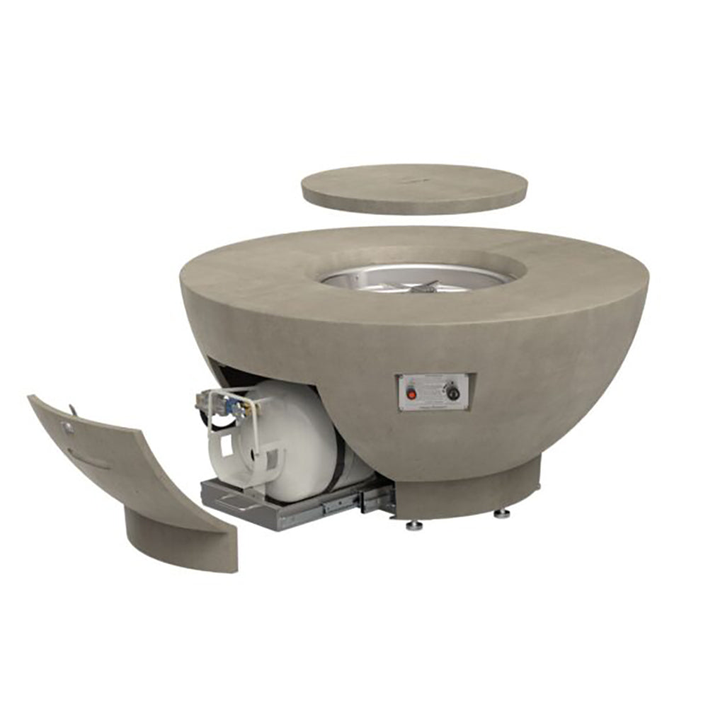 Round GFRC gas fire bowl with open burner compartment and control box