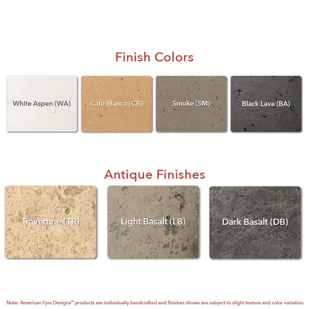 Gas fire table finish swatches: White Aspen, Cafe Blanco, Smoke, Black Lava