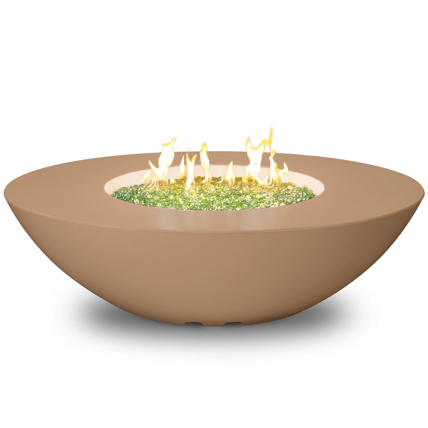 Oval gas fire table with flames, tan GFRC bowl and fire glass bed