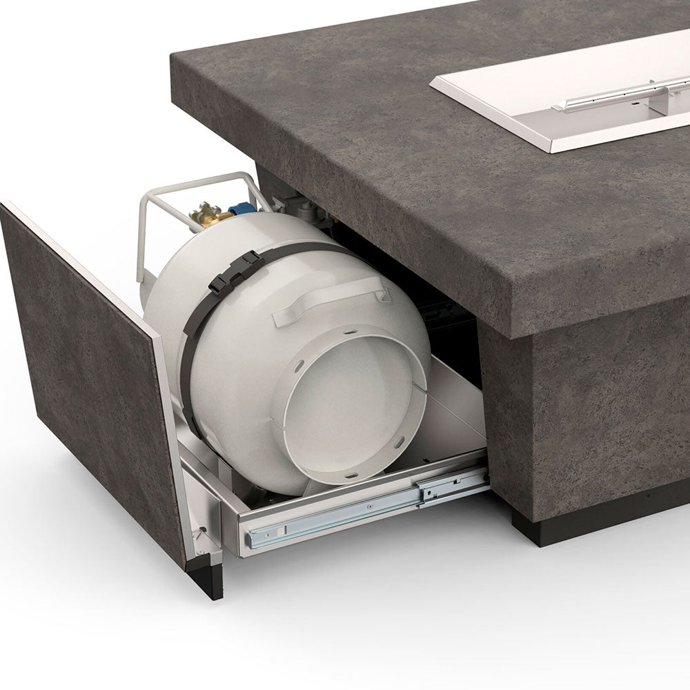 Rectangular gas fire table with open side showing propane tank and control knobs