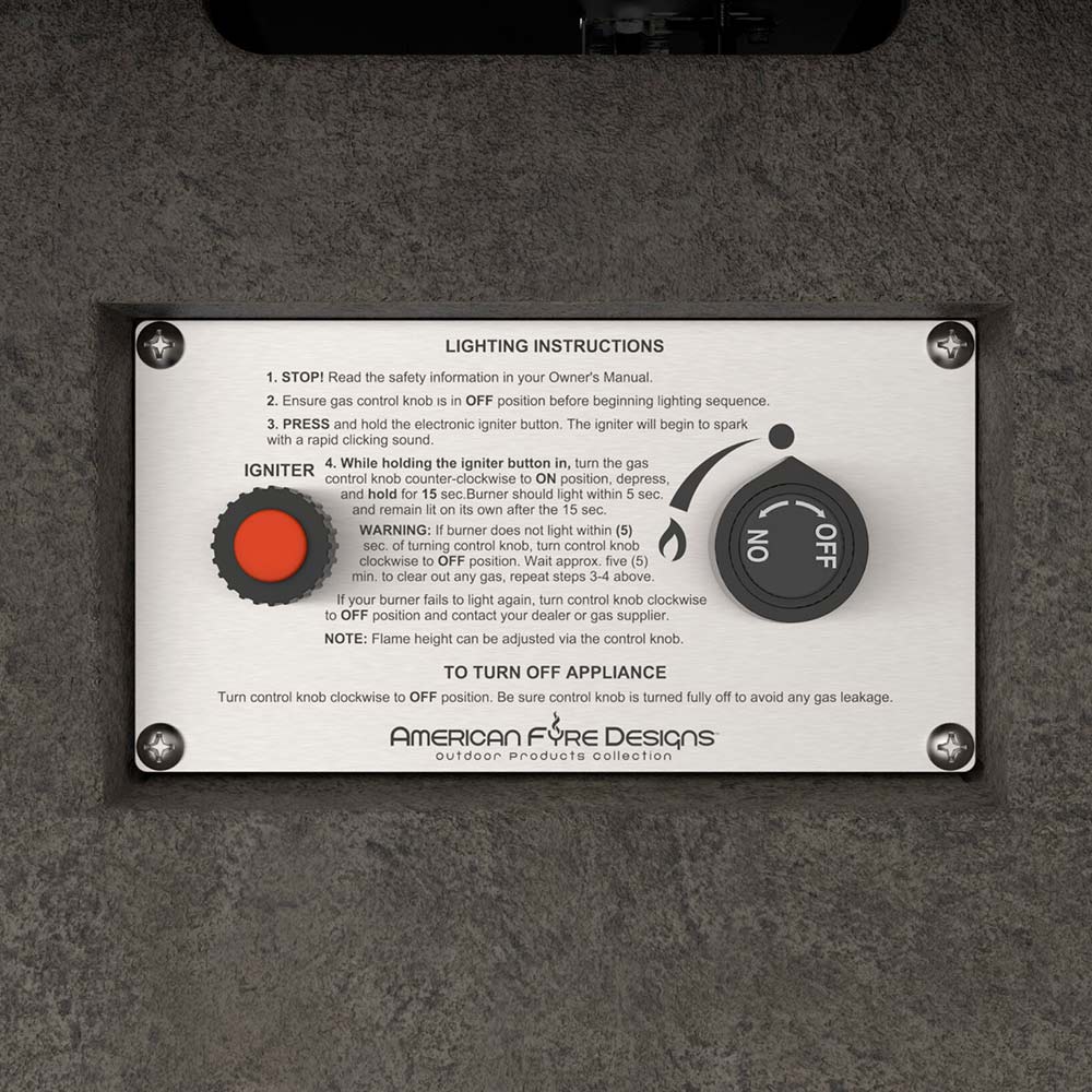 Fire table lighting-instructions label with dial and warning text
