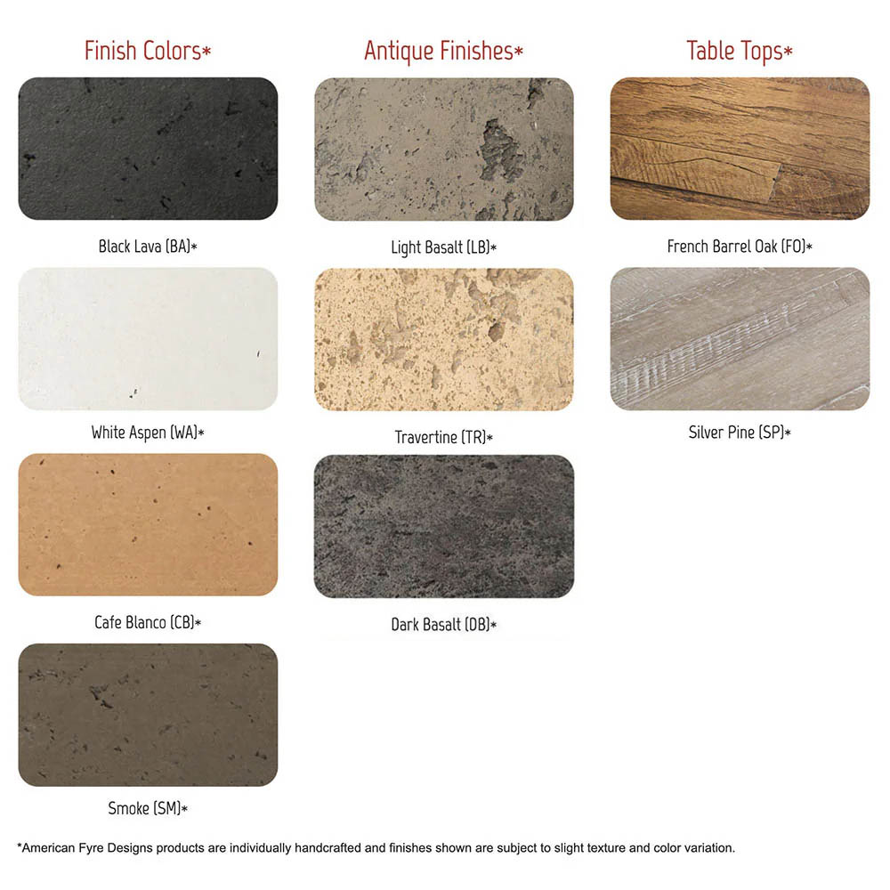 Burner cover finish swatch sheet with multiple textured color samples