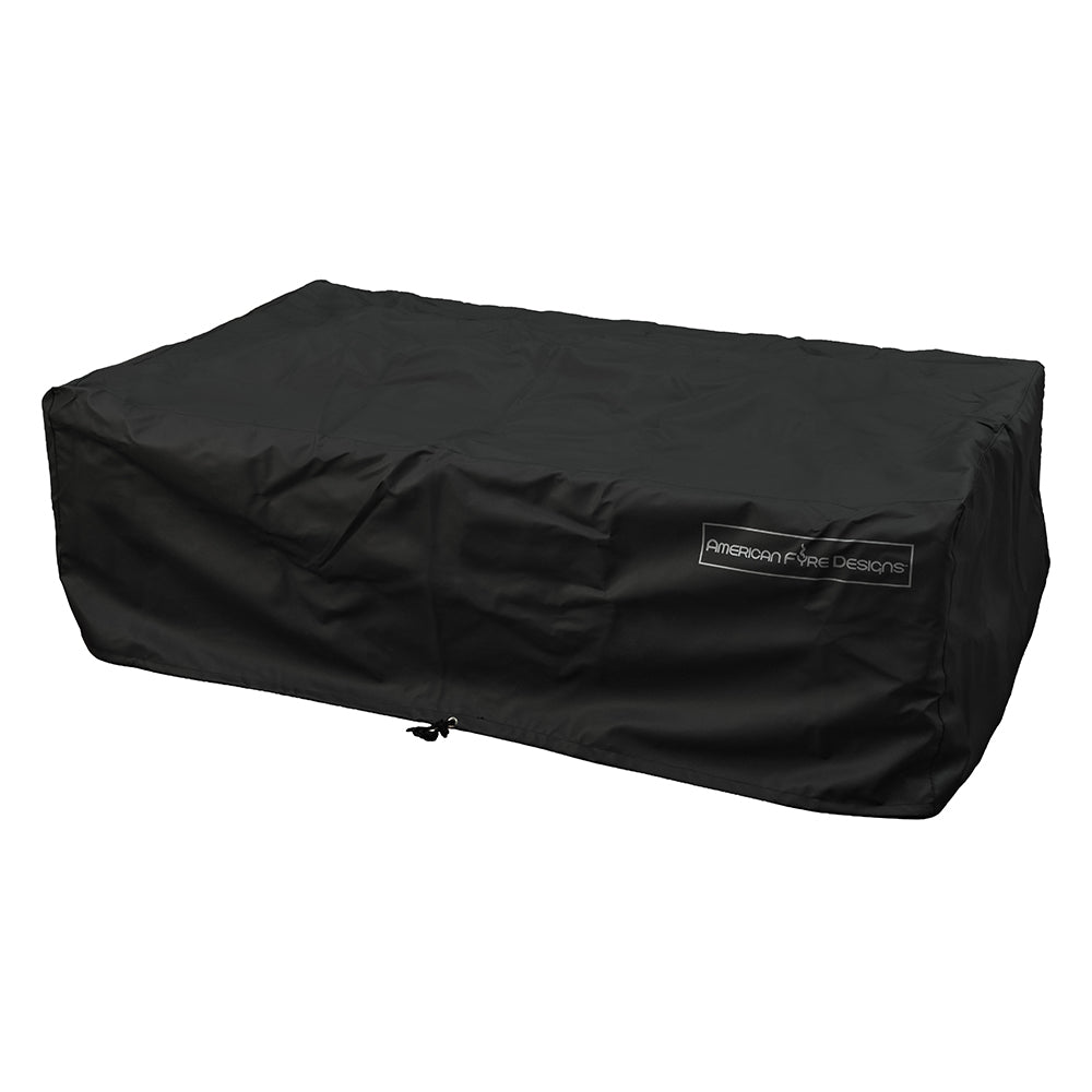 Black vinyl cover for fire table, fitted shape with side zipper and logo patch