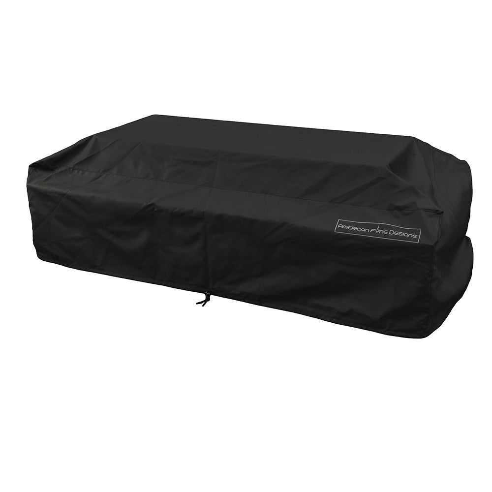 Black vinyl long fire table cover with fitted shape and logo patch