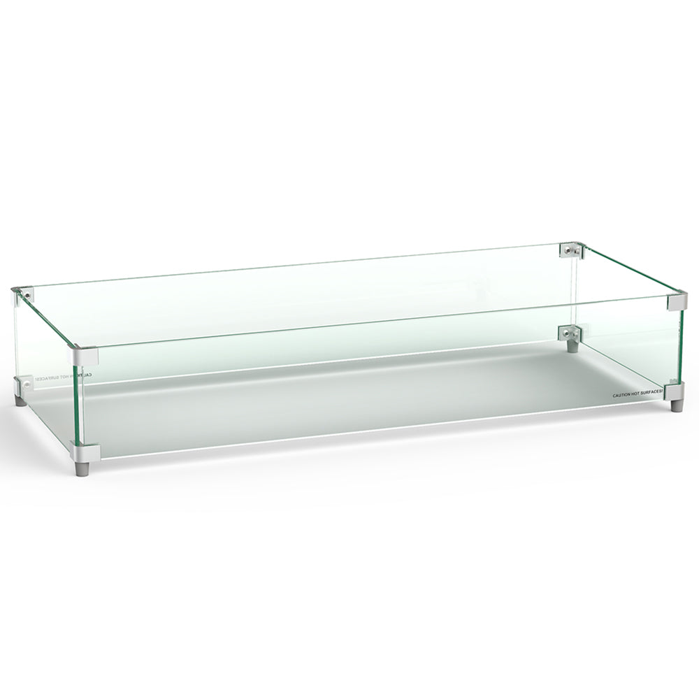 Large rectangular glass wind guard with clear panel and metal base supports, 42x19.25 in