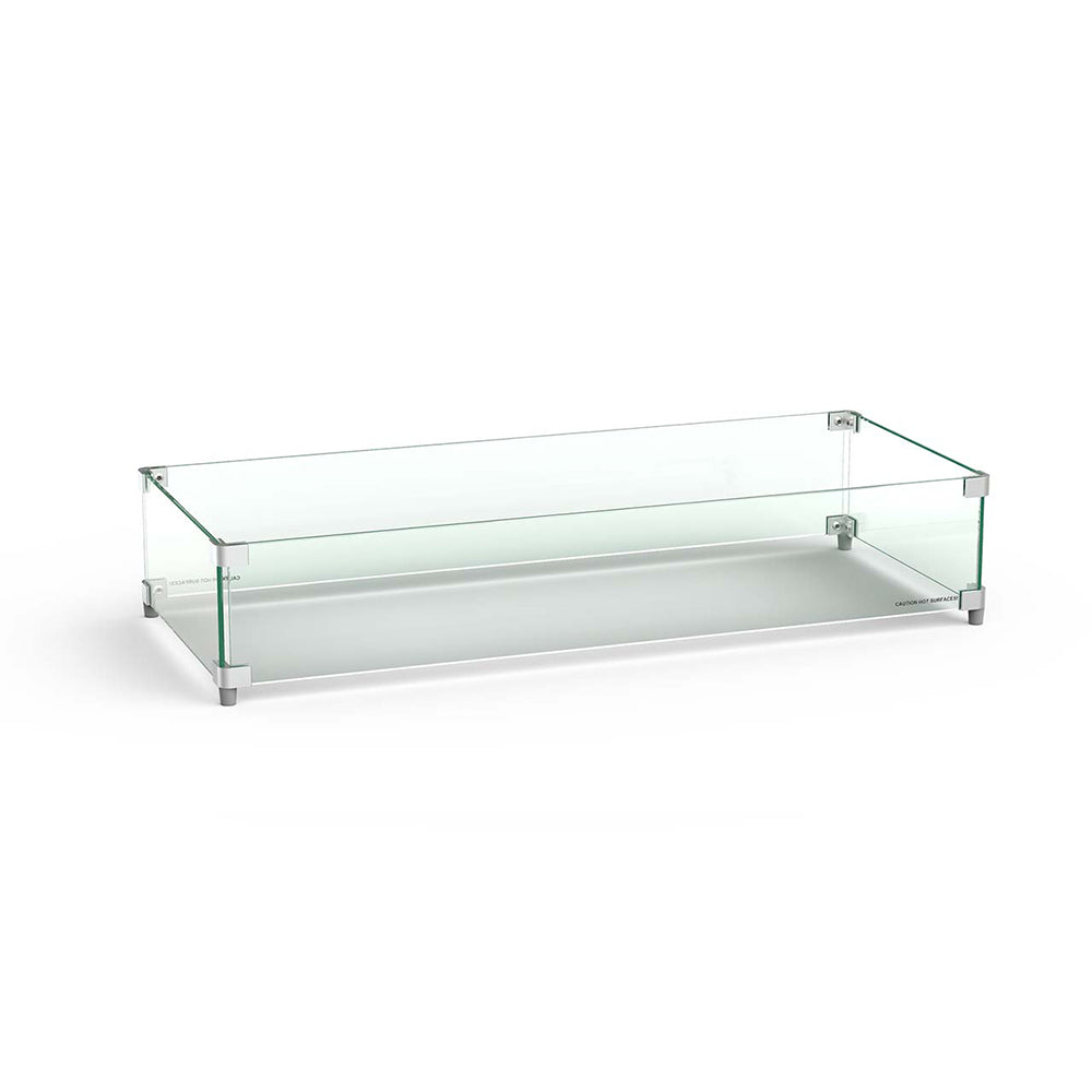 Glass wind guard with clear panels and metal corner supports, open rectangular base