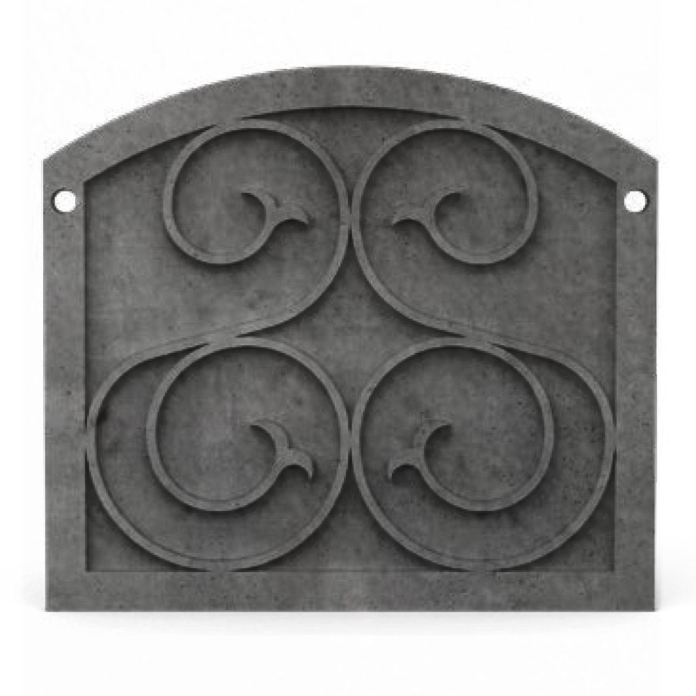 Fireplace protector plate in dark textured finish with four circular decorative medallions