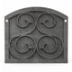 Fireplace protector plate in dark textured finish with four circular decorative medallions