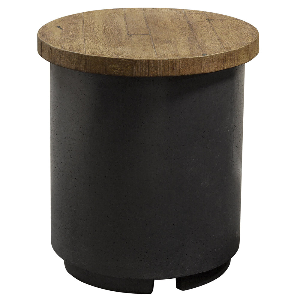 Contempo propane tank cover with textured brown round wood top and black base
