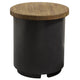 Contempo propane tank cover with textured brown round wood top and black base