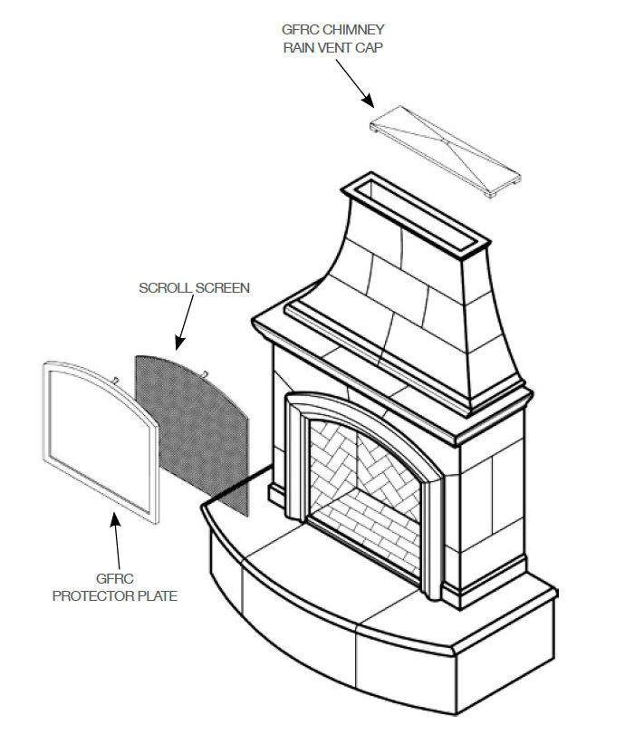 Fireplace protector plate diagram with scroll screen and venting labels