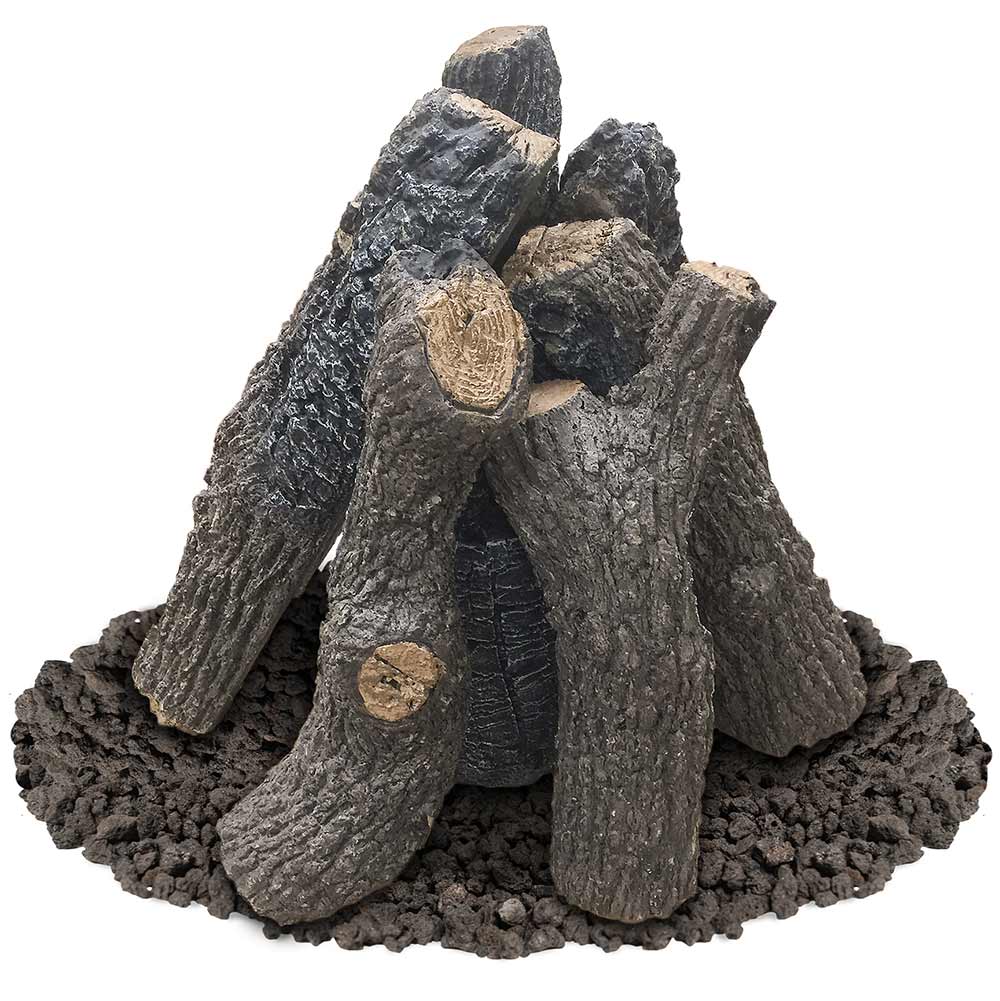 Faux oak log set with dark gray log pieces and textured base