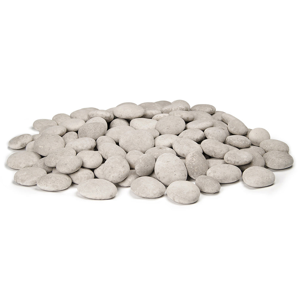 Light gray smooth river creekstones, oval stones in a pile