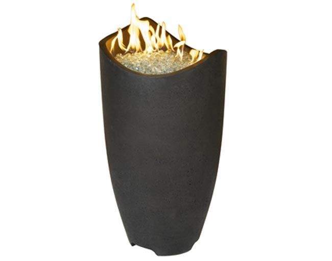 Black cylindrical fire urn with open top and visible flames at the center