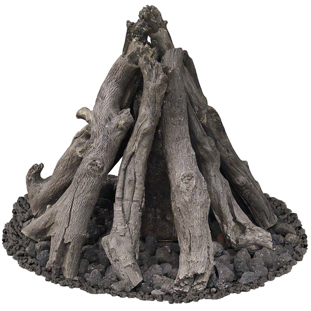Faux fire log set with dark gray logs and black lava rocks base